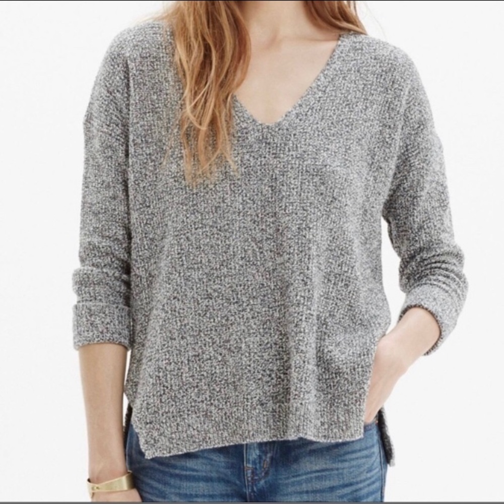 Madewell Oceanside Gray Knit Sweater Hi Lo Hem Vneck Size XS
